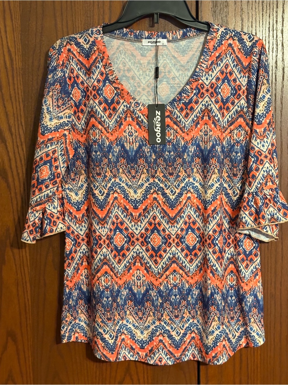 zeagoo Coral and Navy Geometric Chevron Blouse